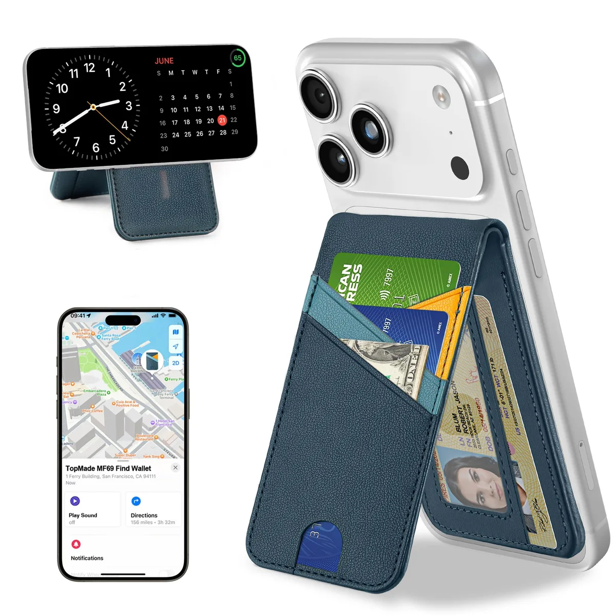  TopMade MF69 Magnetic Wallet Stand Find My 6 Card Dark Blue — product photo