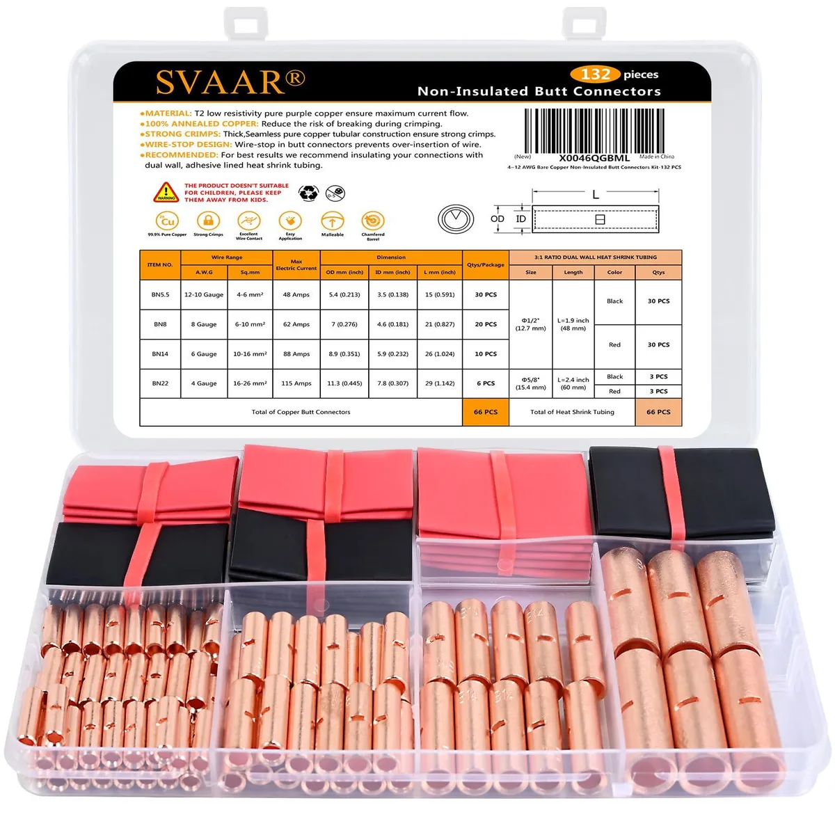  SVAAR 132PCS Butt Splice Kit 4/6/8/12-10 AWG 66 Terminals 66 Heat Shrink — product photo