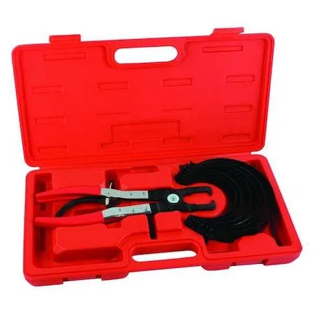 Seven-piece piston ring compressor set with six metal bands and clip pliers