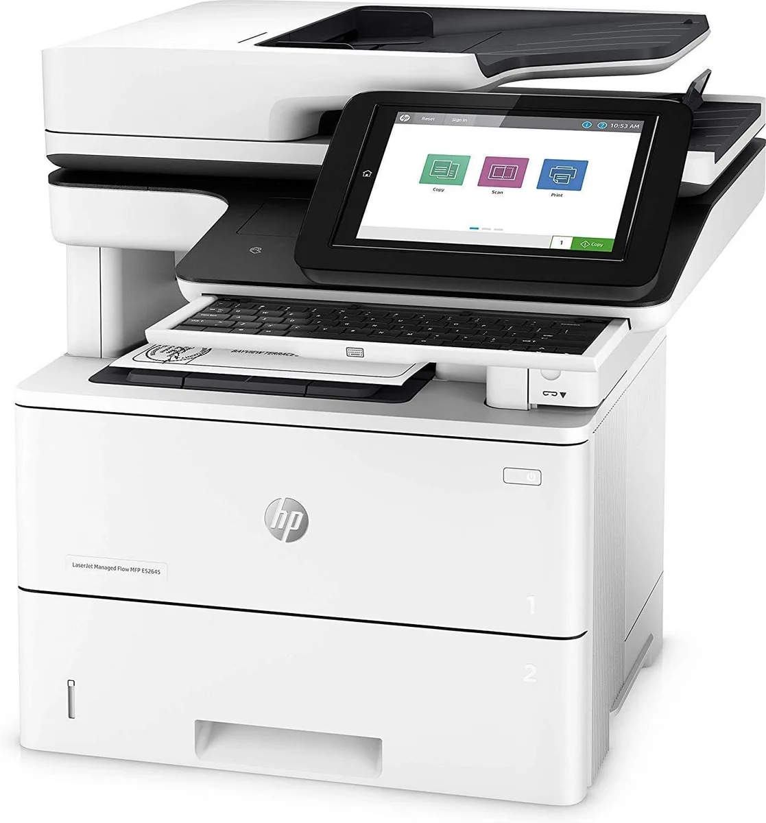 White rectangular office printer with 8.0 inch touchscreen and paper trays