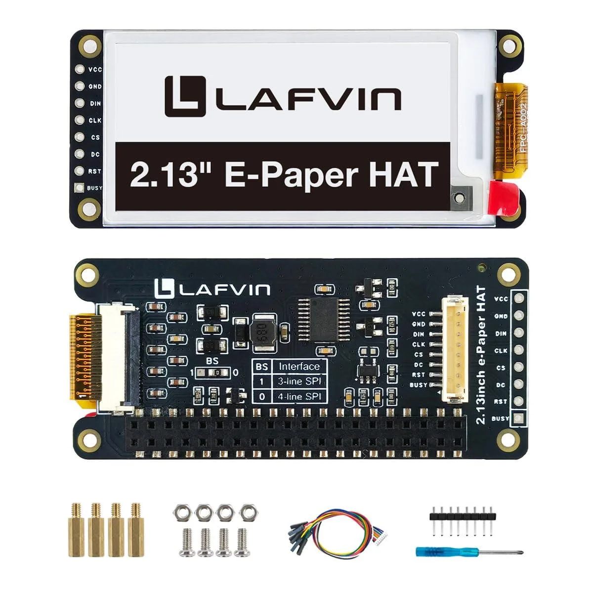 Small rectangular e-ink display board with 40-pin header and mounting hardware