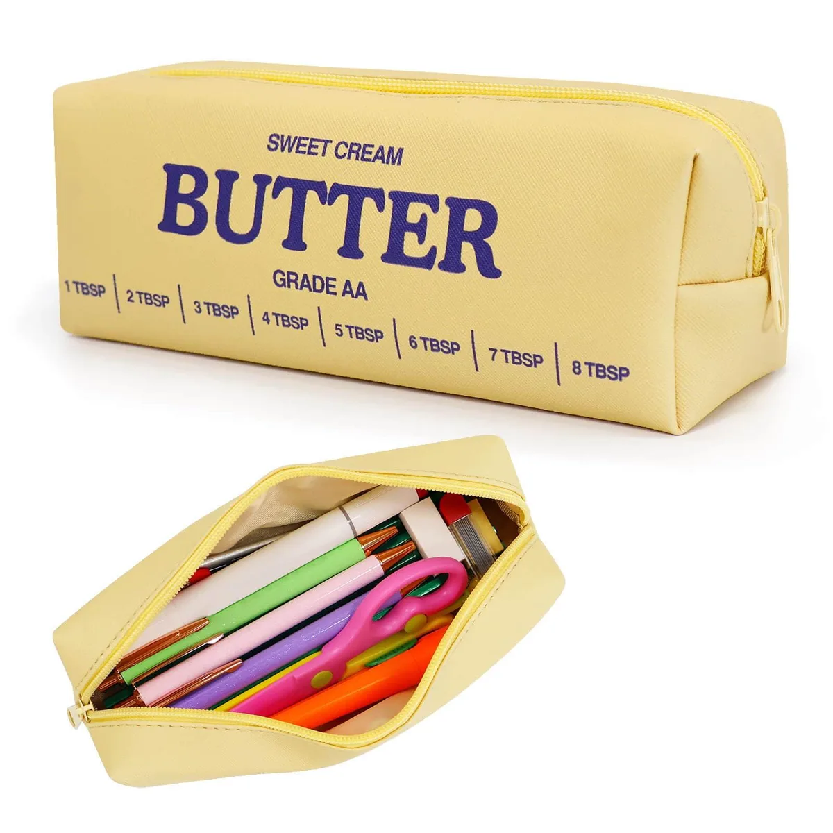 Butter-shaped pencil pouch in yellow PU leather, zipper closure, 7.6 x 2.3 x 2.7 in
