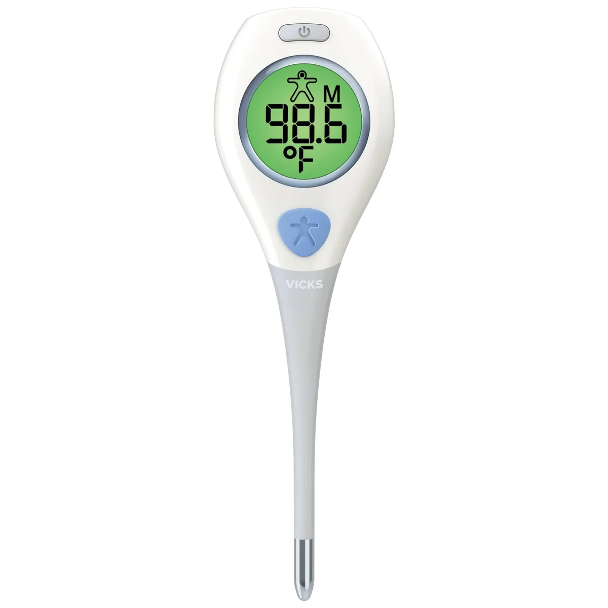 White digital thermometer with green, red and yellow colour-coded display and flexible tip
