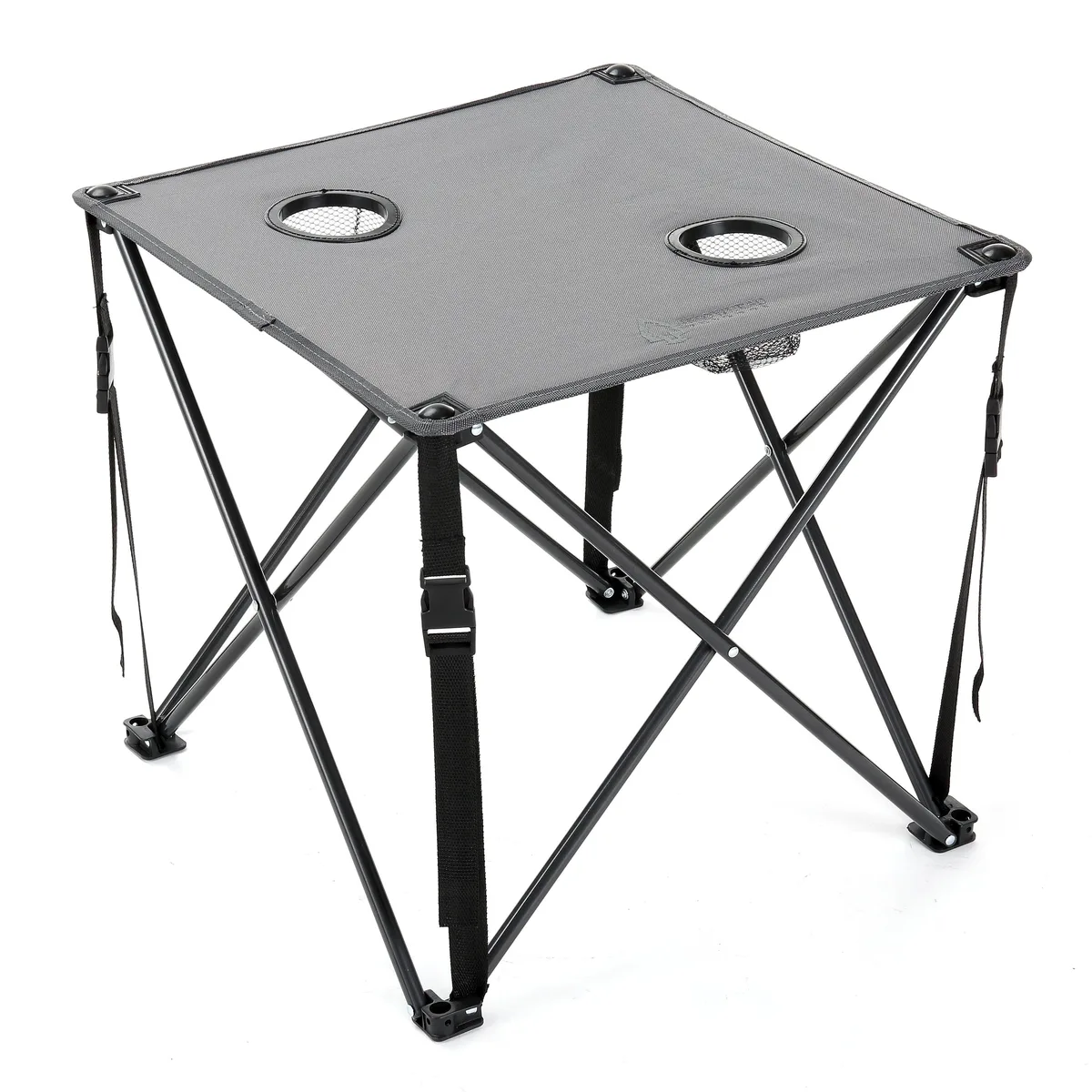 Grey square folding camp table with steel frame, 600D canvas top and two cup holders