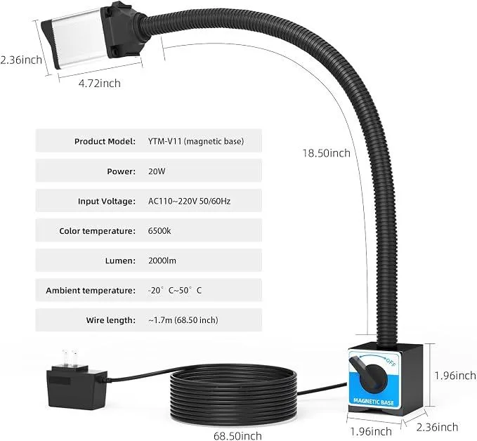 Industrial LED machine light with flexible metal gooseneck and magnetic base, silver aluminium head