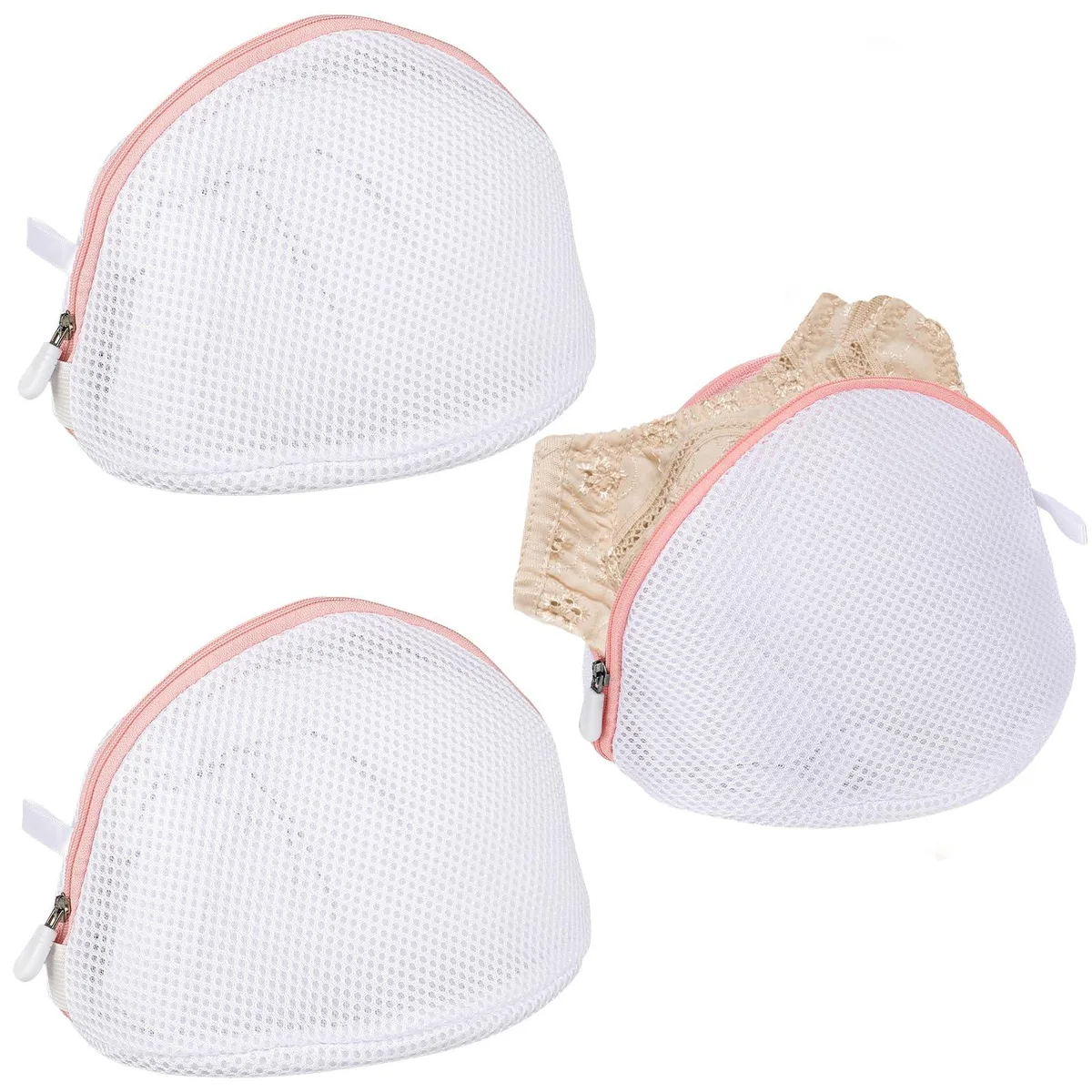 Three pink mesh laundry bags with zippers, 16 inch size