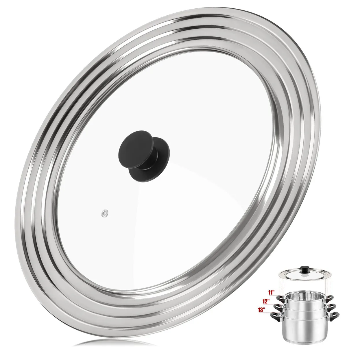 Tempered glass lid with stainless steel rim and silicone handle fits 11 12 13 inch cookware