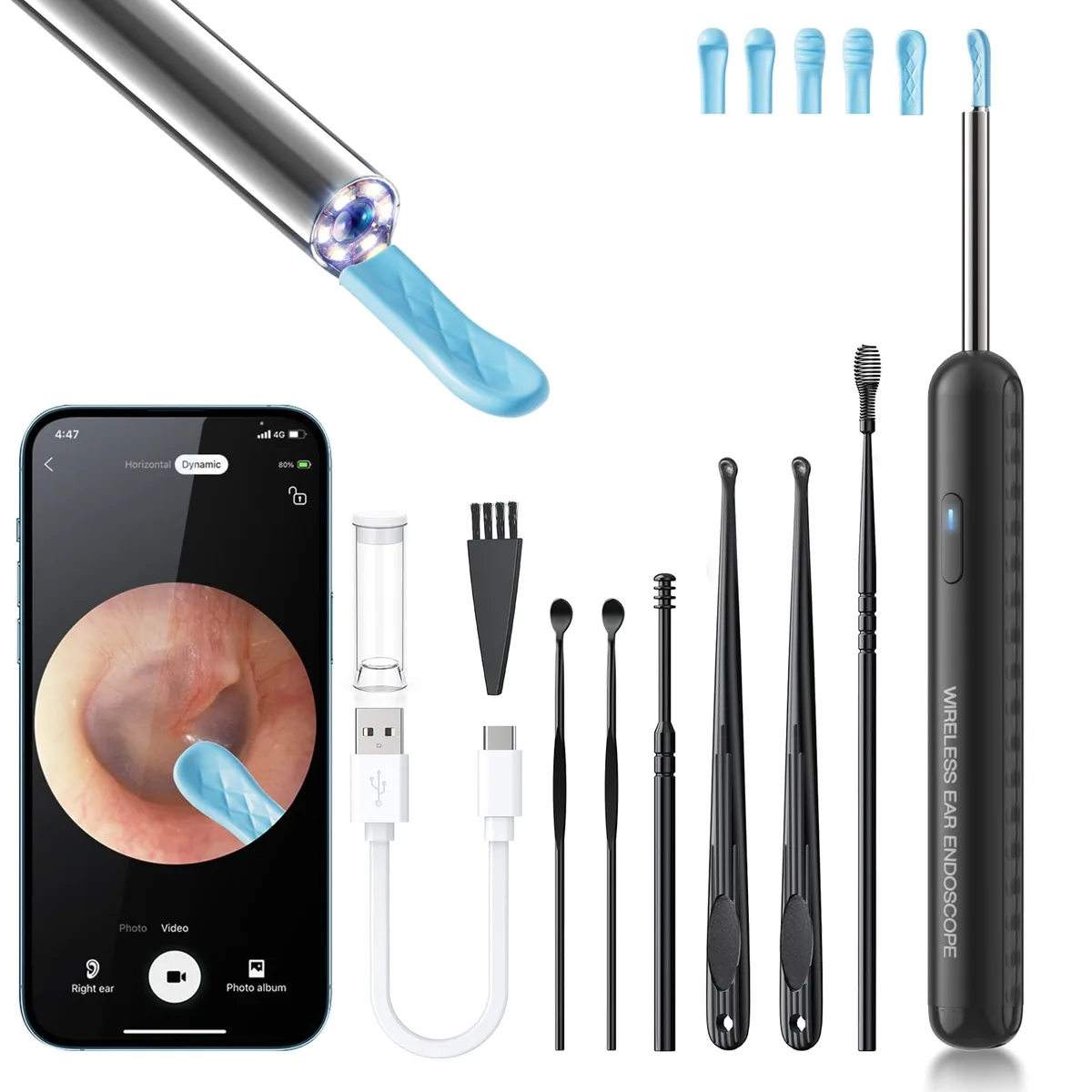 Black handheld otoscope with integrated camera tip and LED lights, 6.69 by 2.55 by 0.7 inches