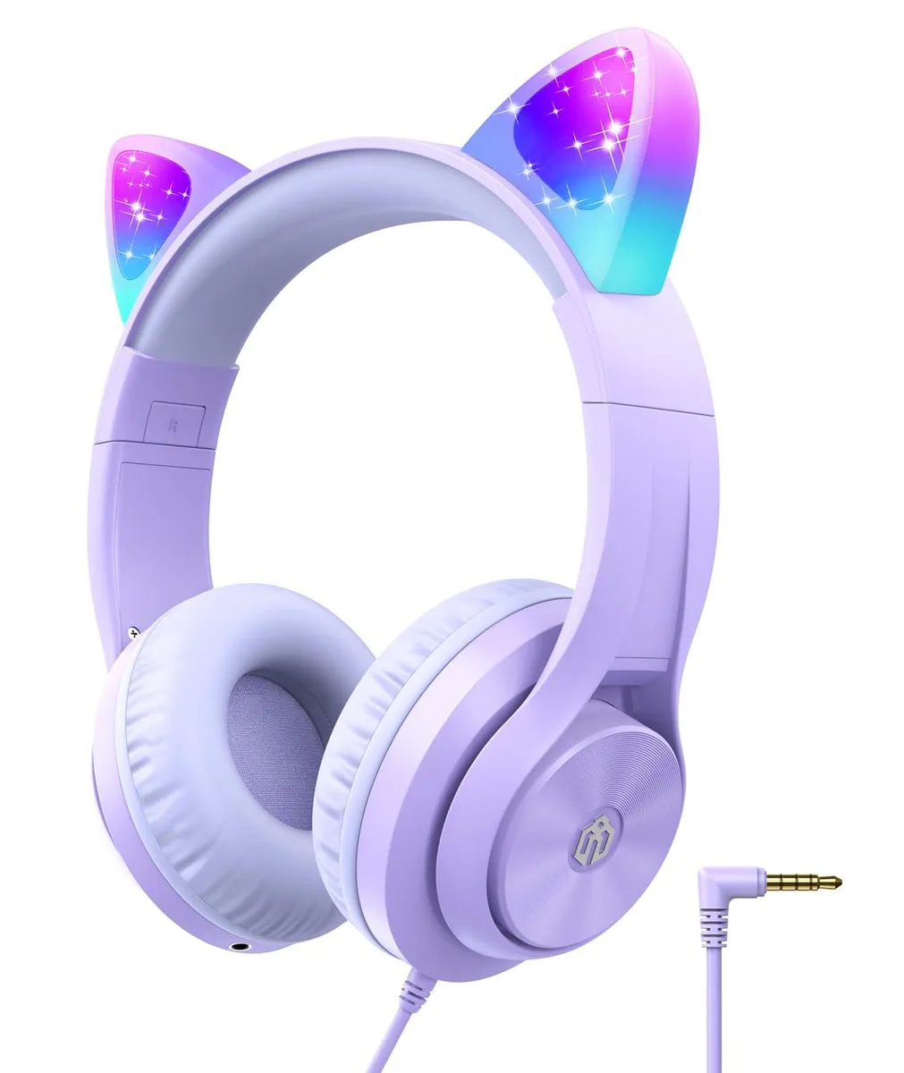Purple over-ear headphones with cat ears and LED lights