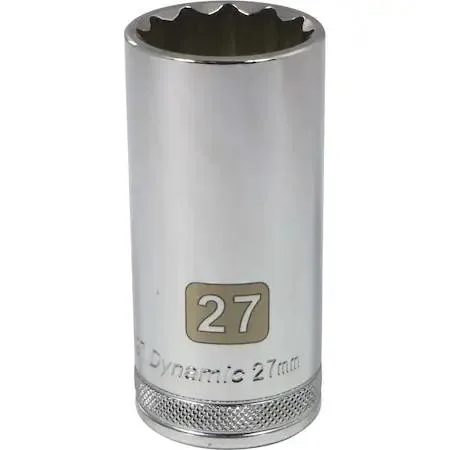 Chrome-finished 27mm 12-point socket with 1/2" drive and knurled ring