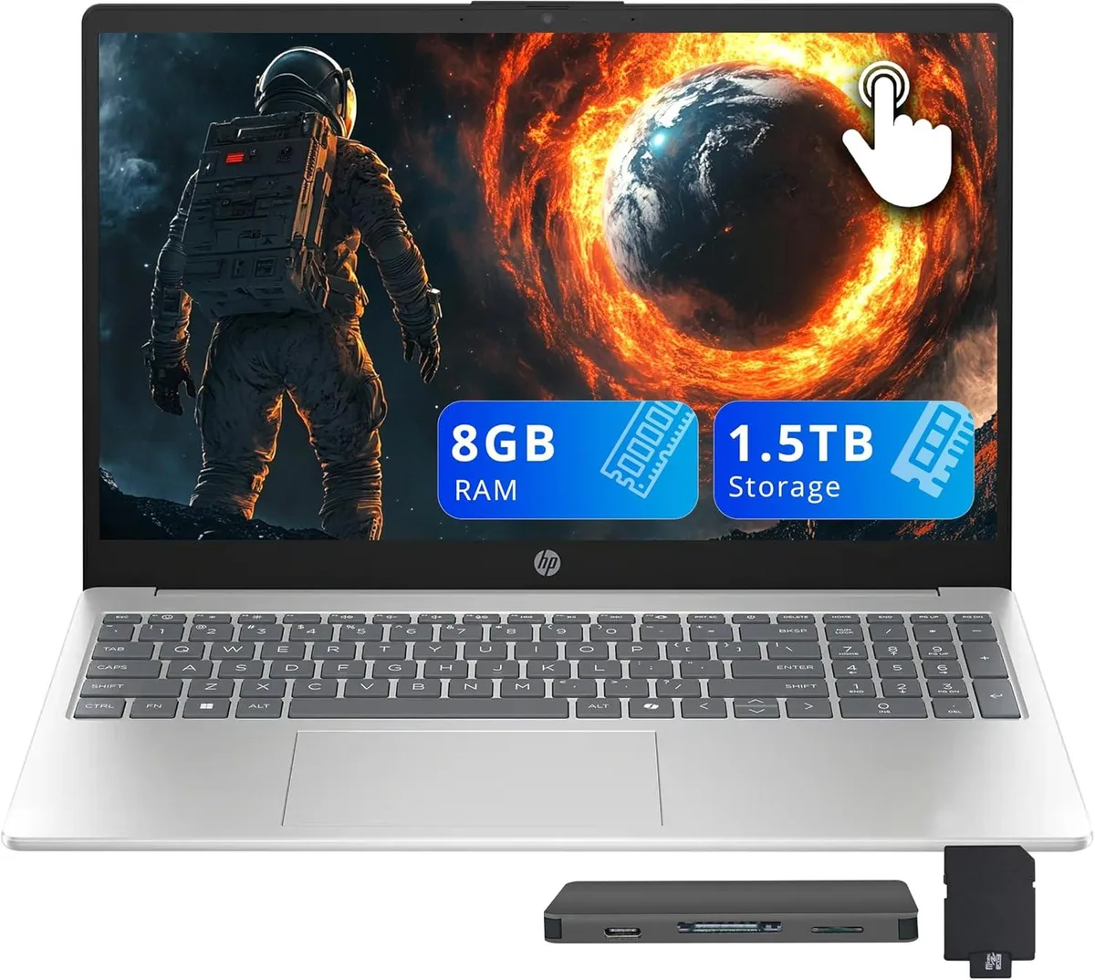 HP HP 15.6" FHD Touchscreen Business Laptop Ryzen 5 7520U 8GB 512GB + 1TB Dock Silver — product photo
