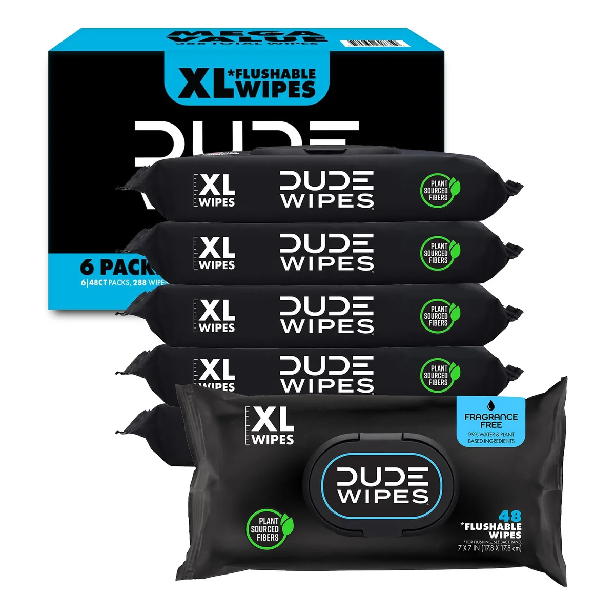 White rectangular box containing six packs of flushable wipes
