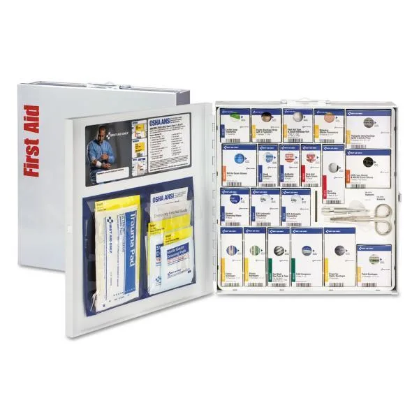 Large white metal first aid cabinet with handle, 50 person 202 piece