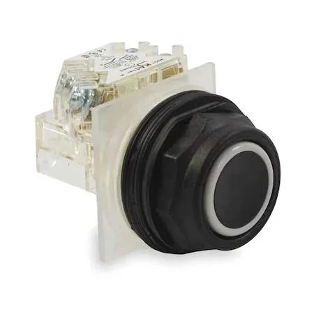 Black 30 mm flush push button switch with plastic head and corrosion resistant thermoplastic bezel