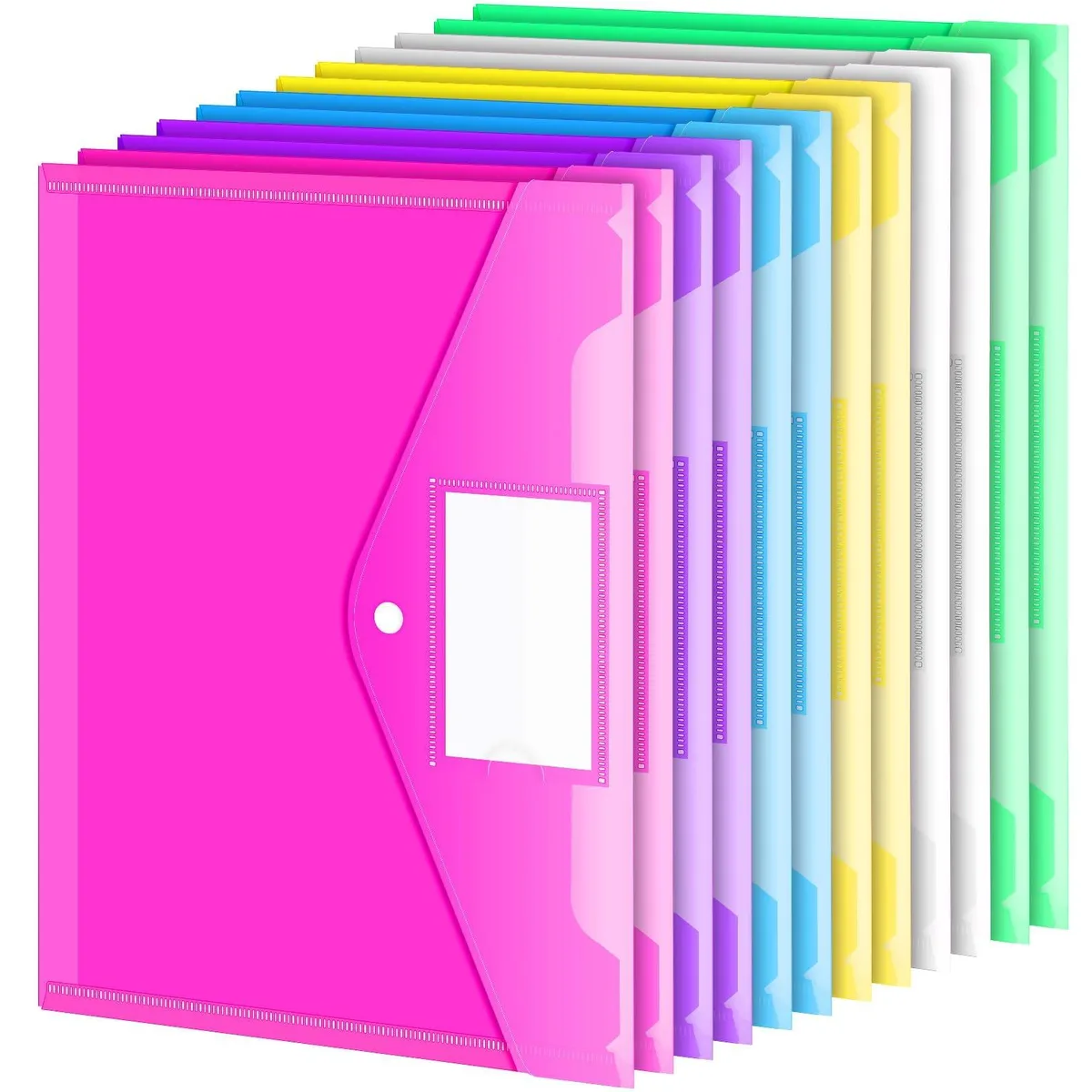 Twelve translucent polypropylene envelopes in six assorted colours with snap closures and label pockets