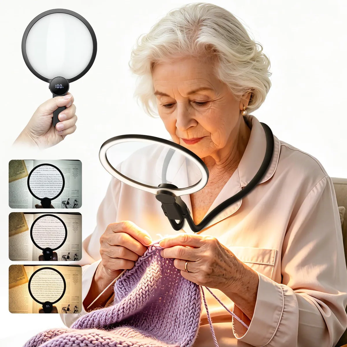 Twelve black plastic 5.1 inch magnifiers with gooseneck stands and LED lights