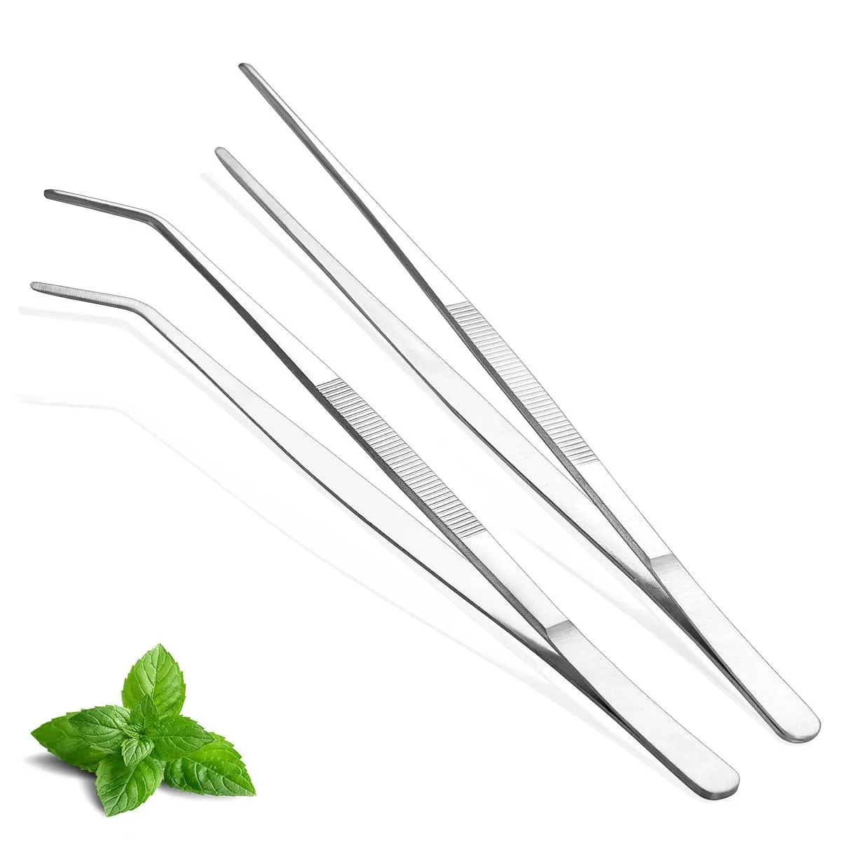 Two 12-inch stainless steel grill tongs with serrated tips