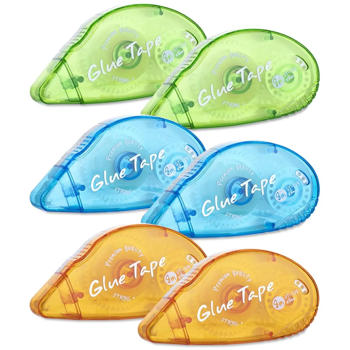 Six compact double-sided tape rollers in yellow green and blue each point three inches wide by twenty-six feet long