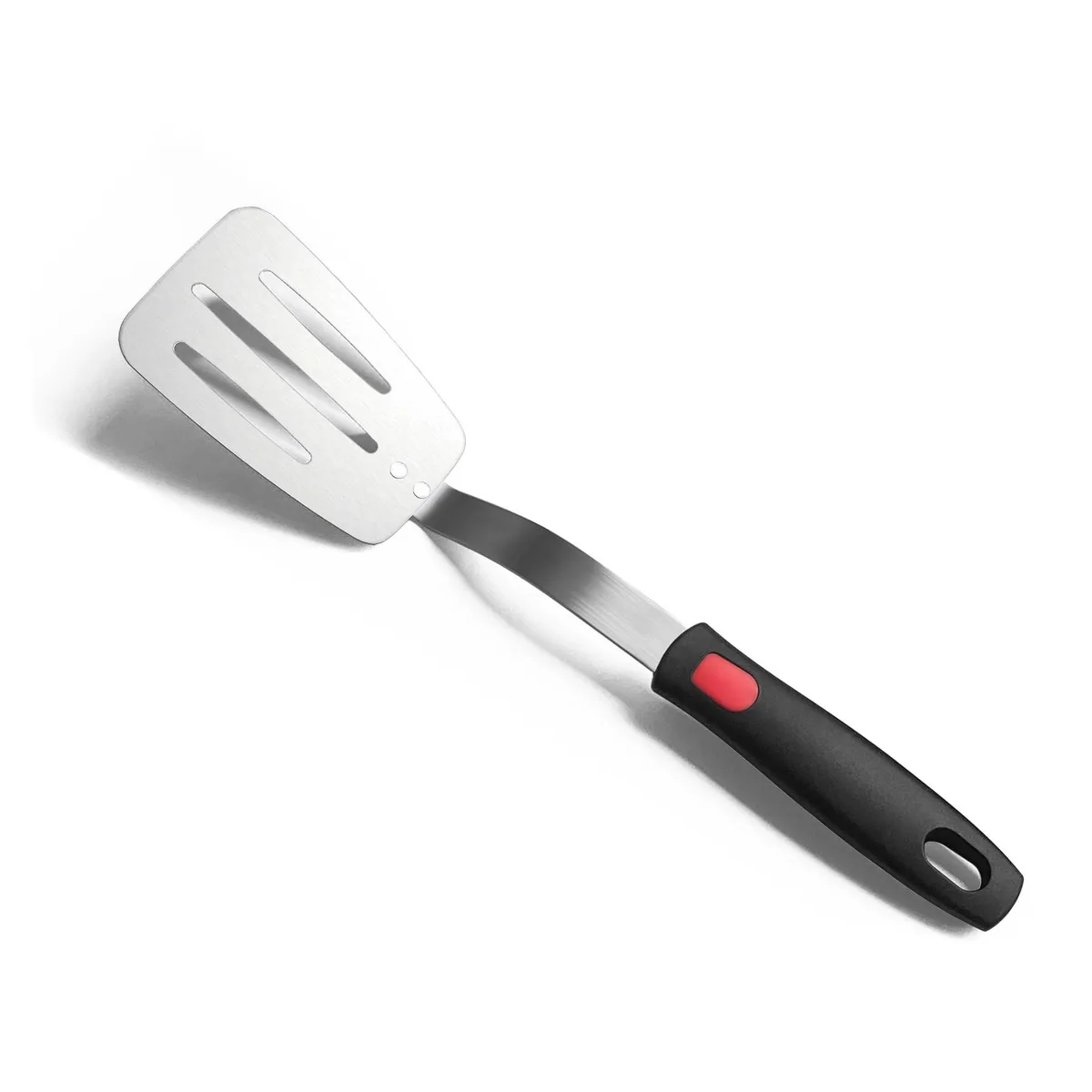 Small slotted stainless steel turner with thin flexible blade and silver silicone handle