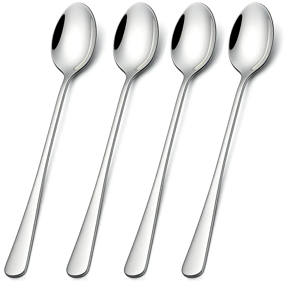 Four silver stainless steel long-handled spoons with mirror finish