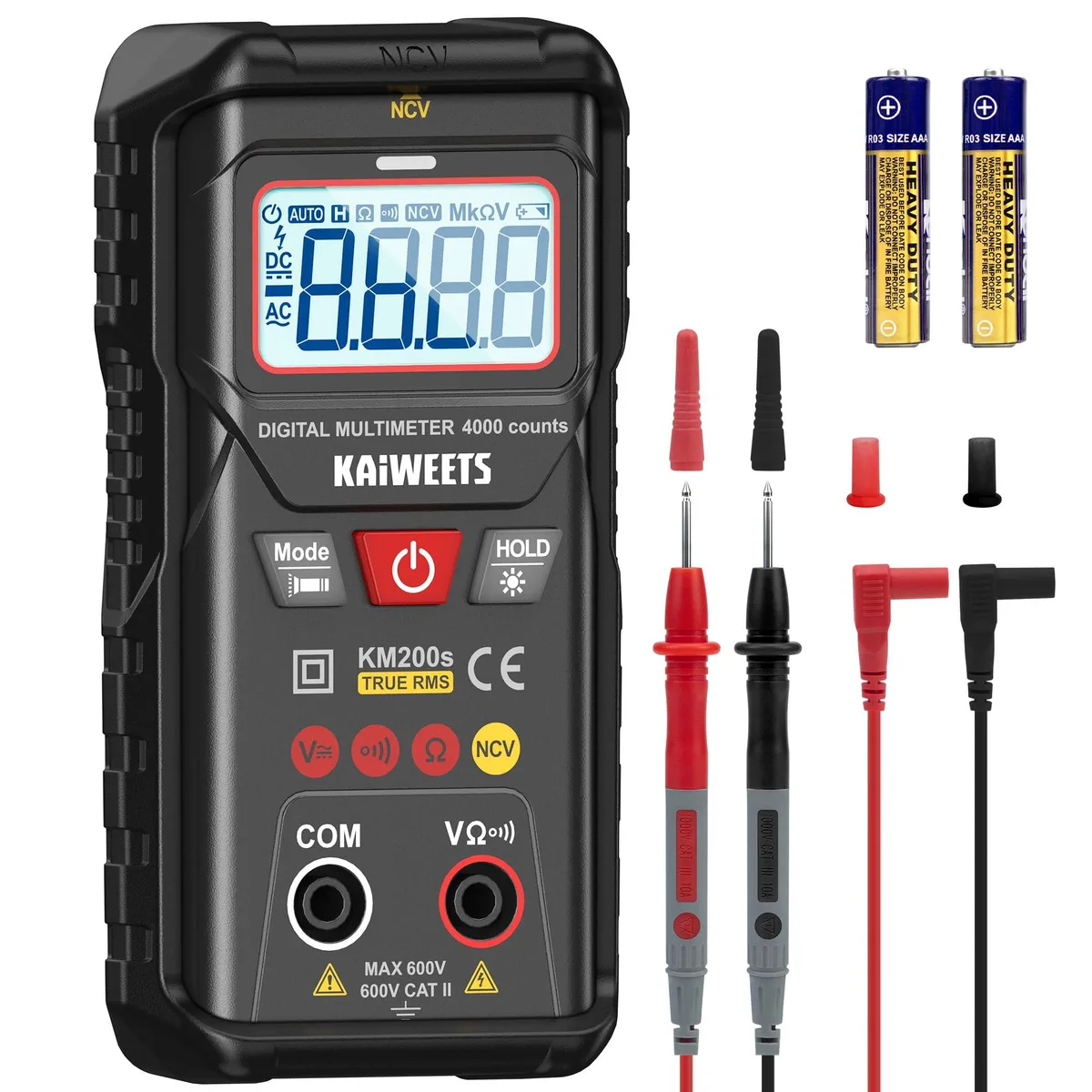 Compact orange digital multimeter with backlit display and test leads