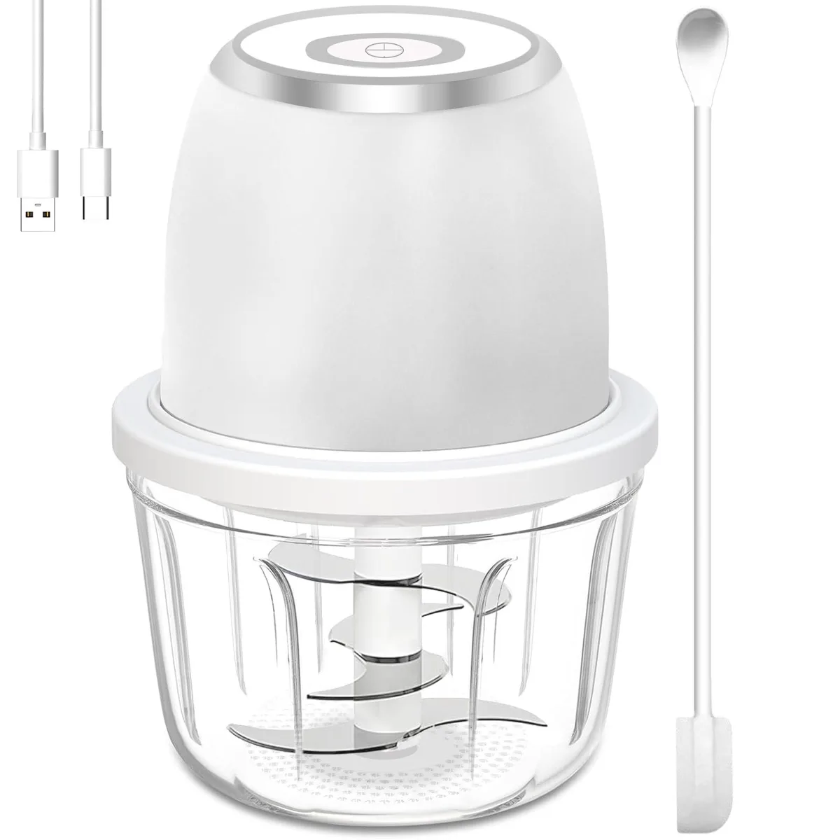 White cordless glass food processor, compact cylindrical shape, stainless steel blade visible inside