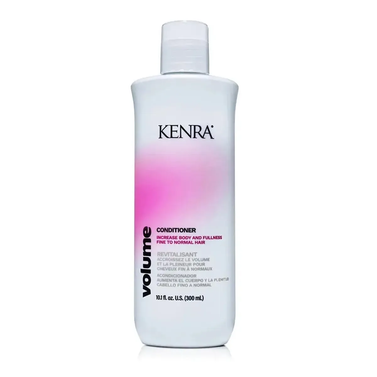 White cylindrical bottle with silver cap and Kenra Volume Conditioner label