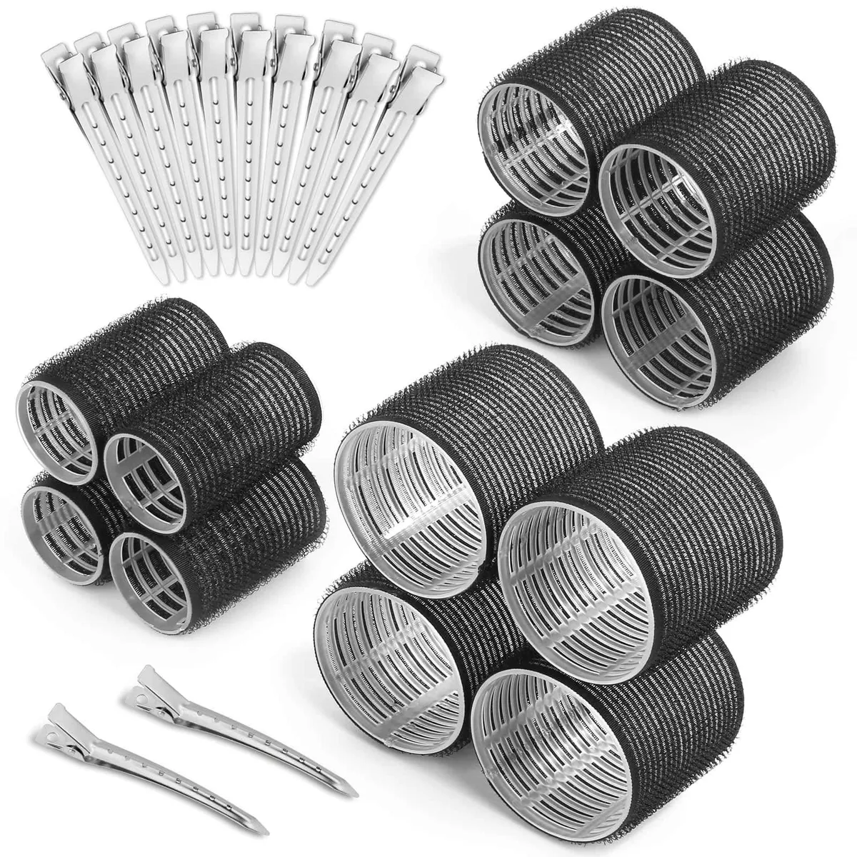 Set of 24 rose red self-grip hair rollers in three sizes with 12 stainless steel clips