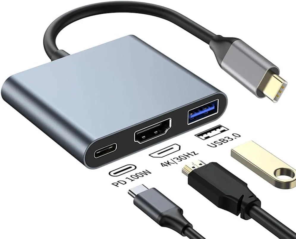 Compact black aluminium USB-C hub with HDMI, USB-A and USB-C ports