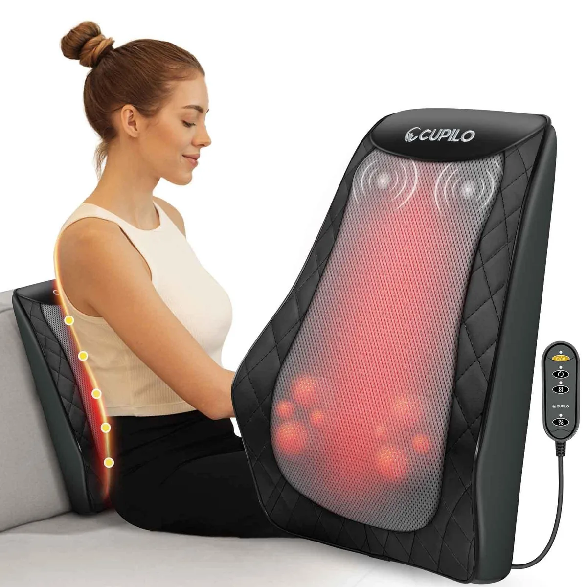 Gray rectangular massage pillow with leather finish, extended contoured shape, shiatsu nodes visible