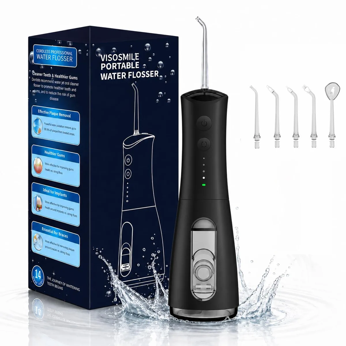 Black water flosser with 300ml tank and five nozzles