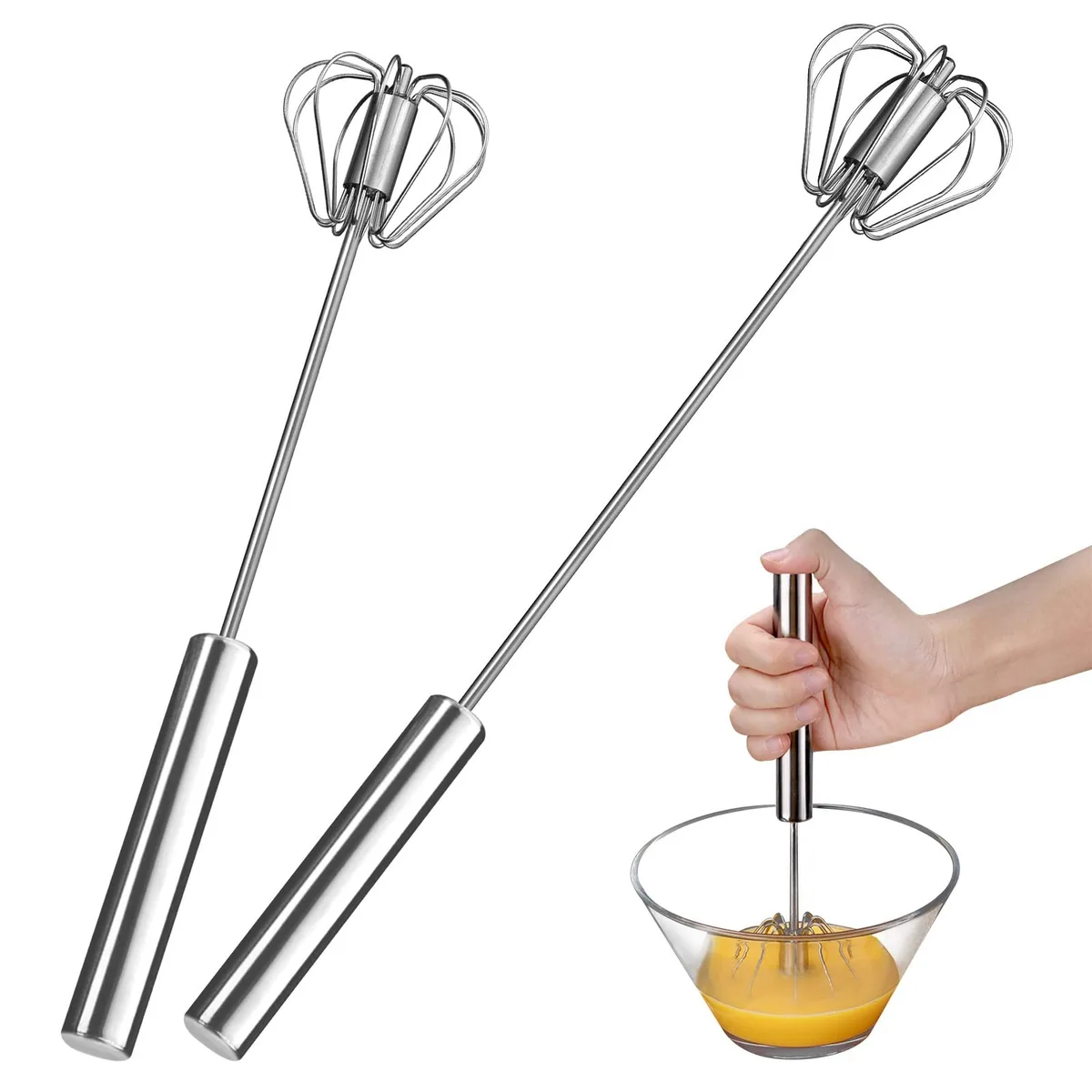 Two stainless steel semi-automatic whisks, 14 and 10 inch, spring-loaded handles