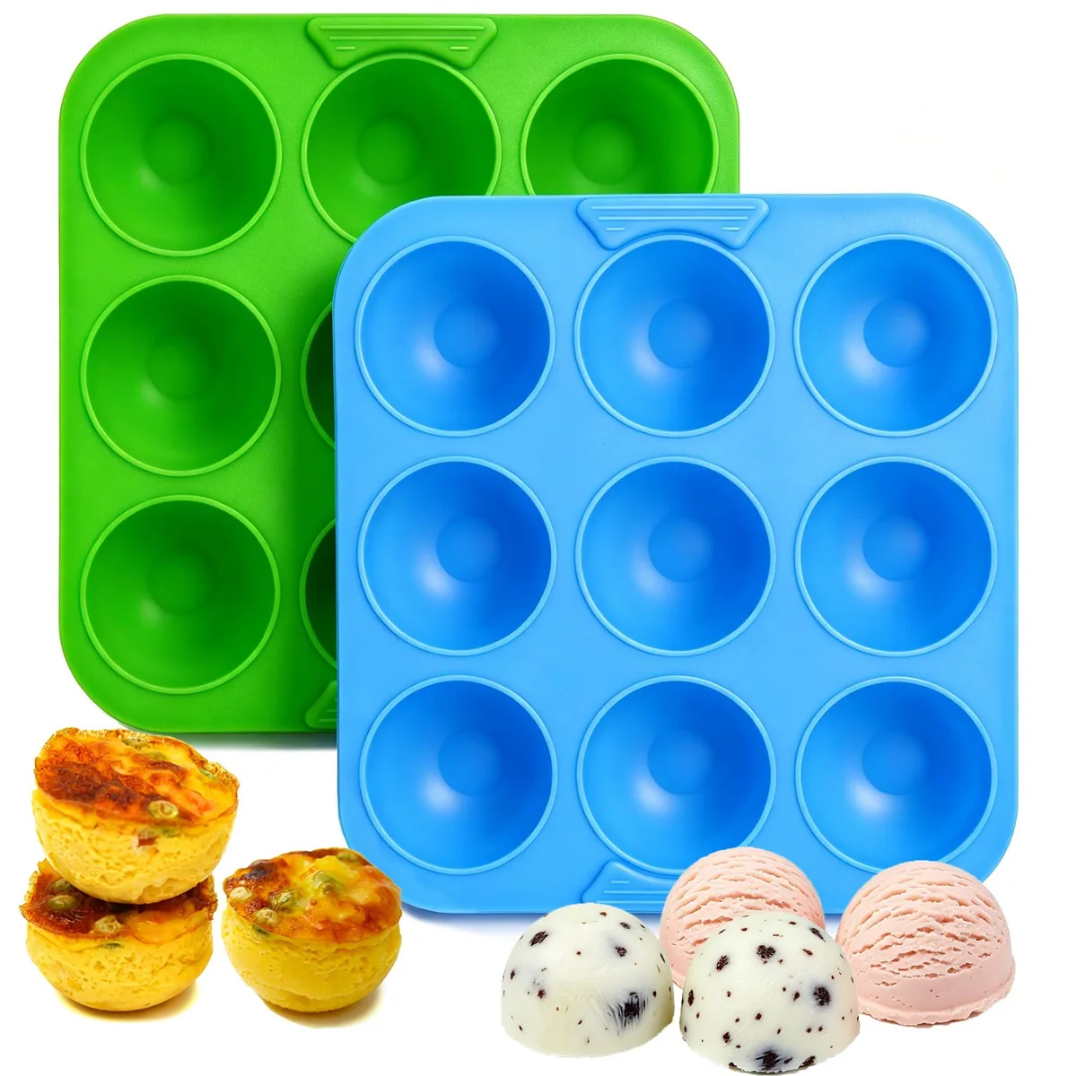 Two flexible silicone egg bite molds, one green and one blue, each with nine shallow round cavities