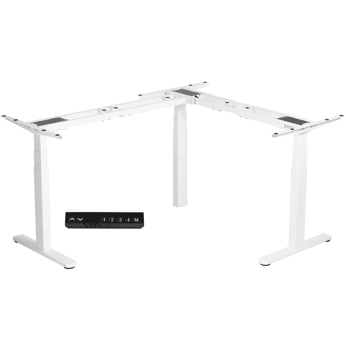 White three-leg electric standing desk frame in L-shaped corner configuration