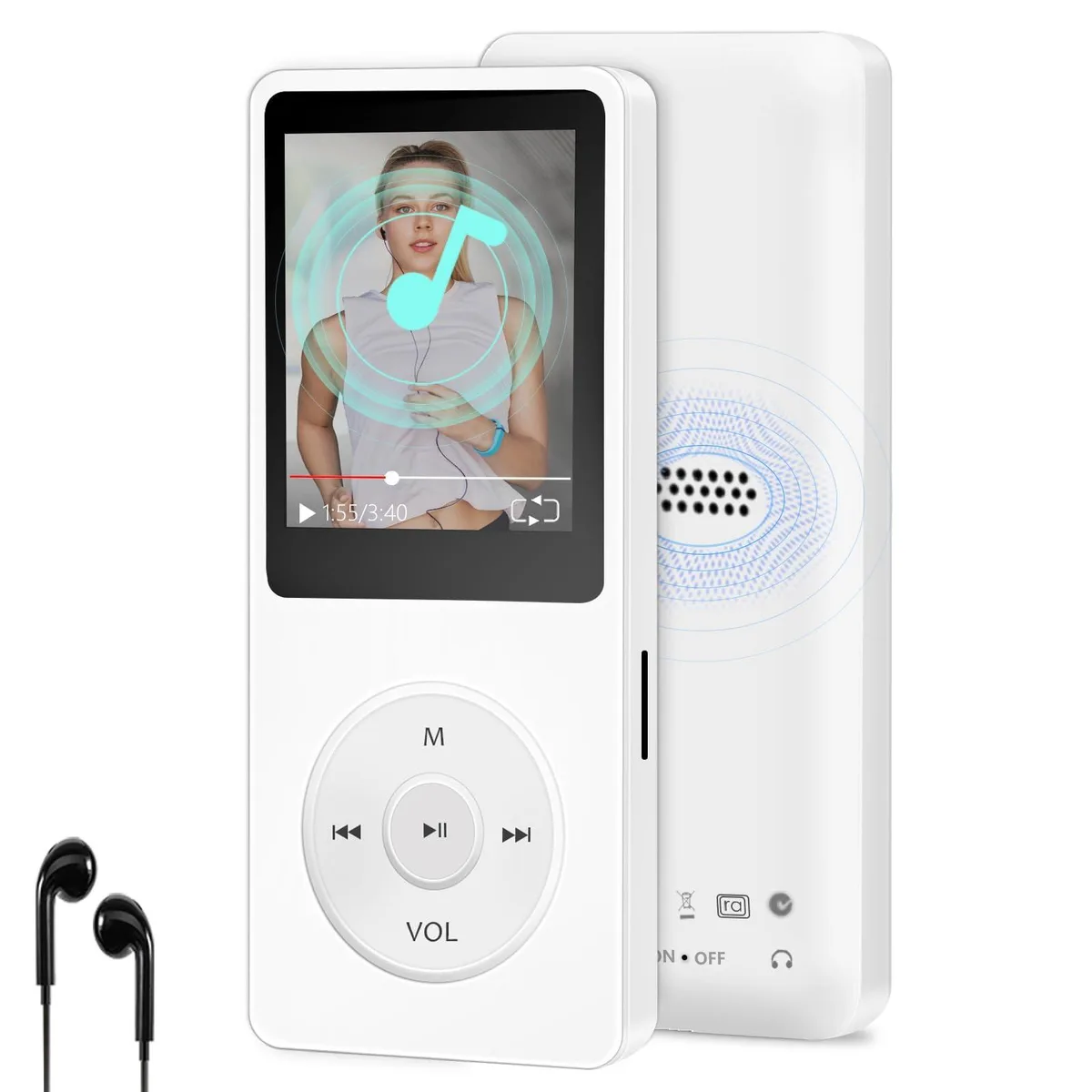Small white rectangular MP3 player with 1.8 inch screen and classic buttons