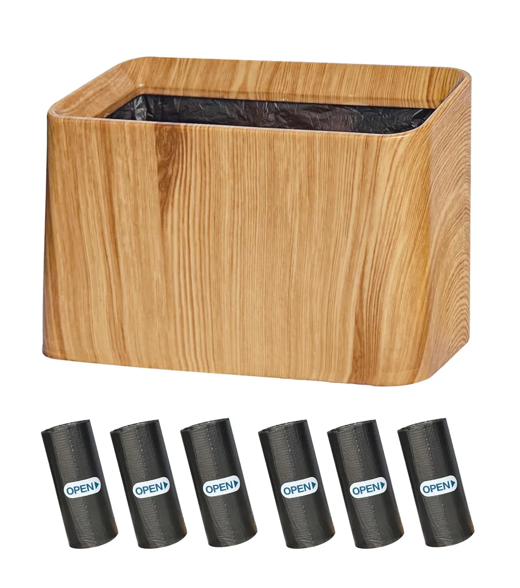 Three white rectangular mini trash cans with wood-grain finish and slanted open tops