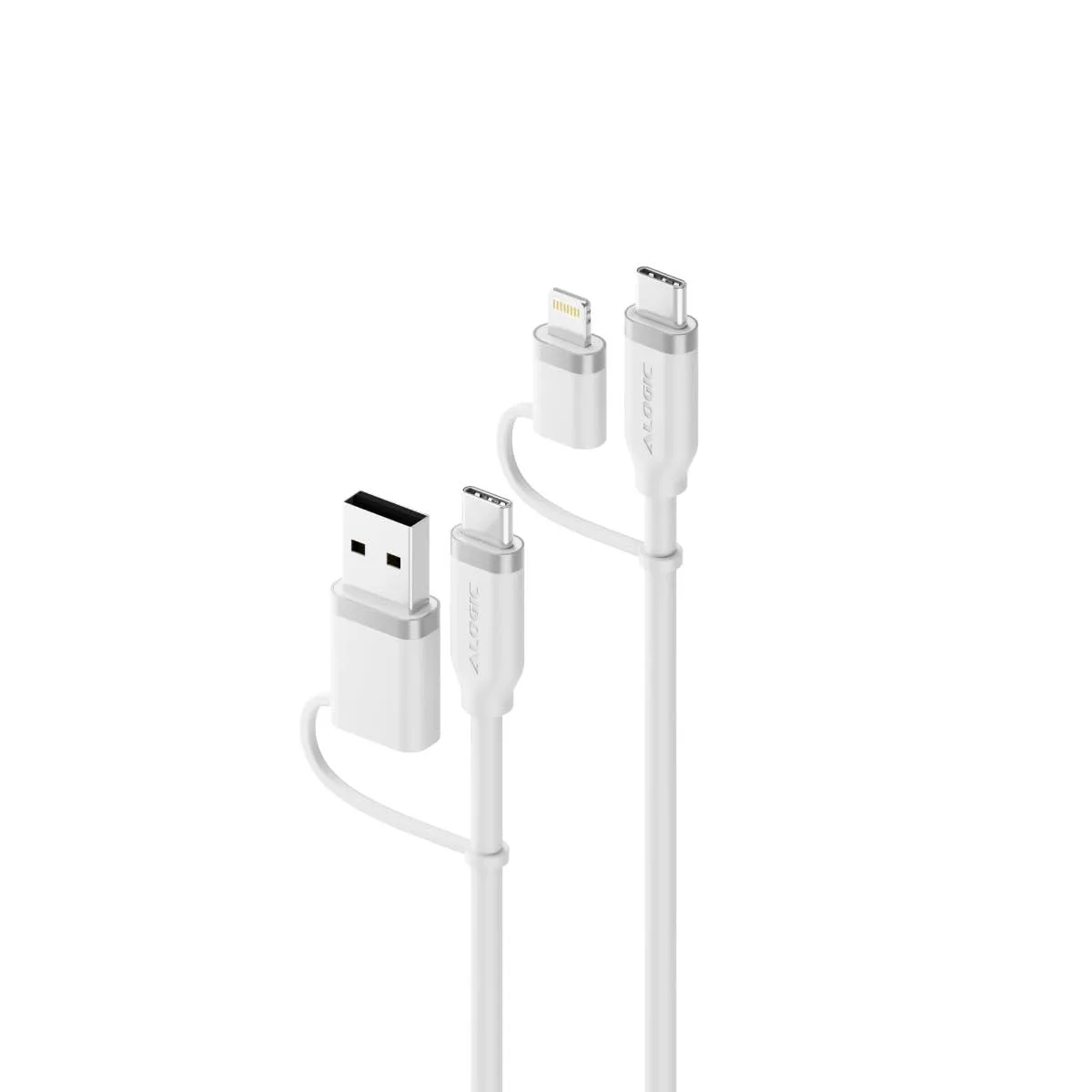 White silicone 4-in-1 USB cable coiled 1.5m length