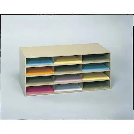Black steel mail sorter with twelve open cubby compartments, assembled, 33 inches wide