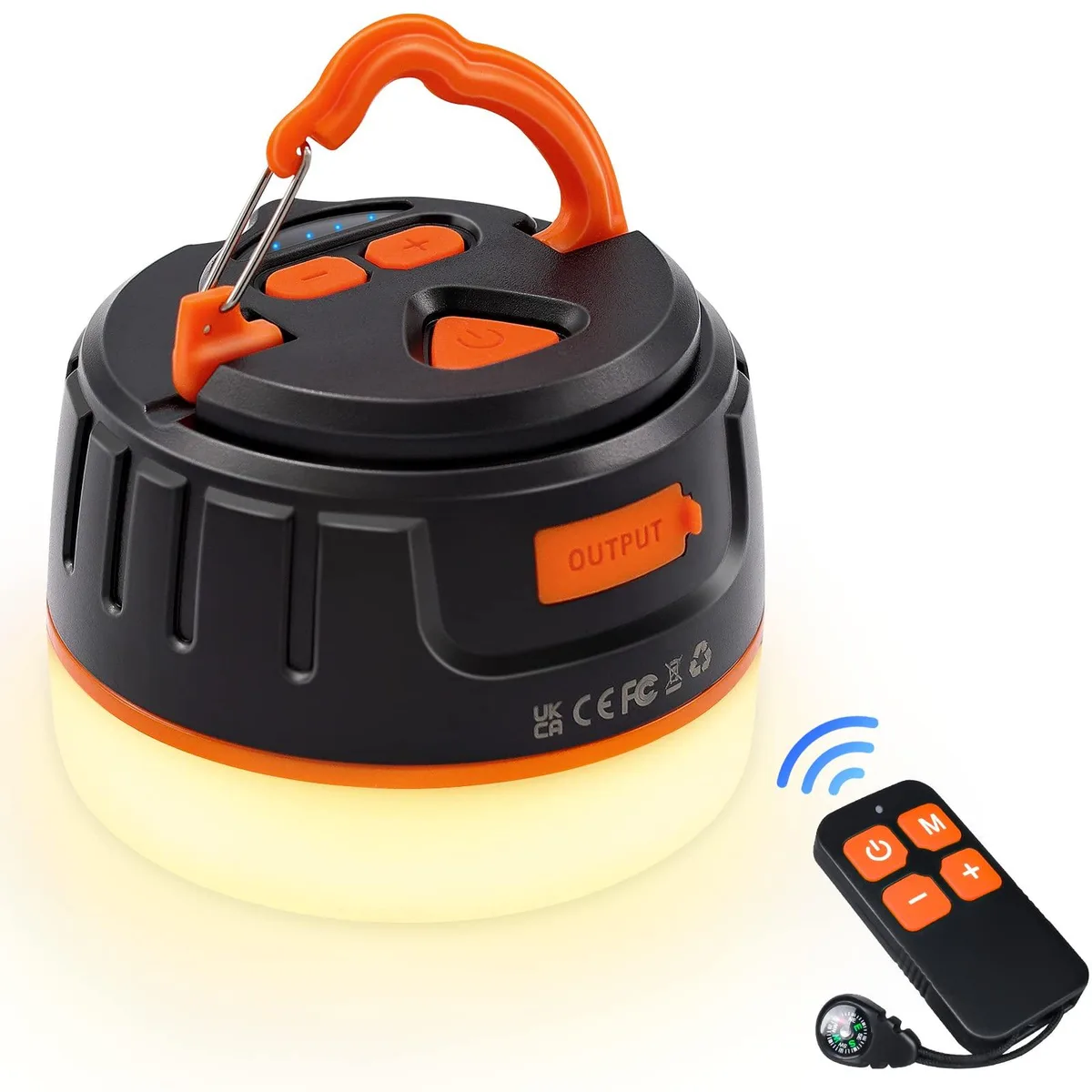 Black cylindrical LED camping lantern with remote control
