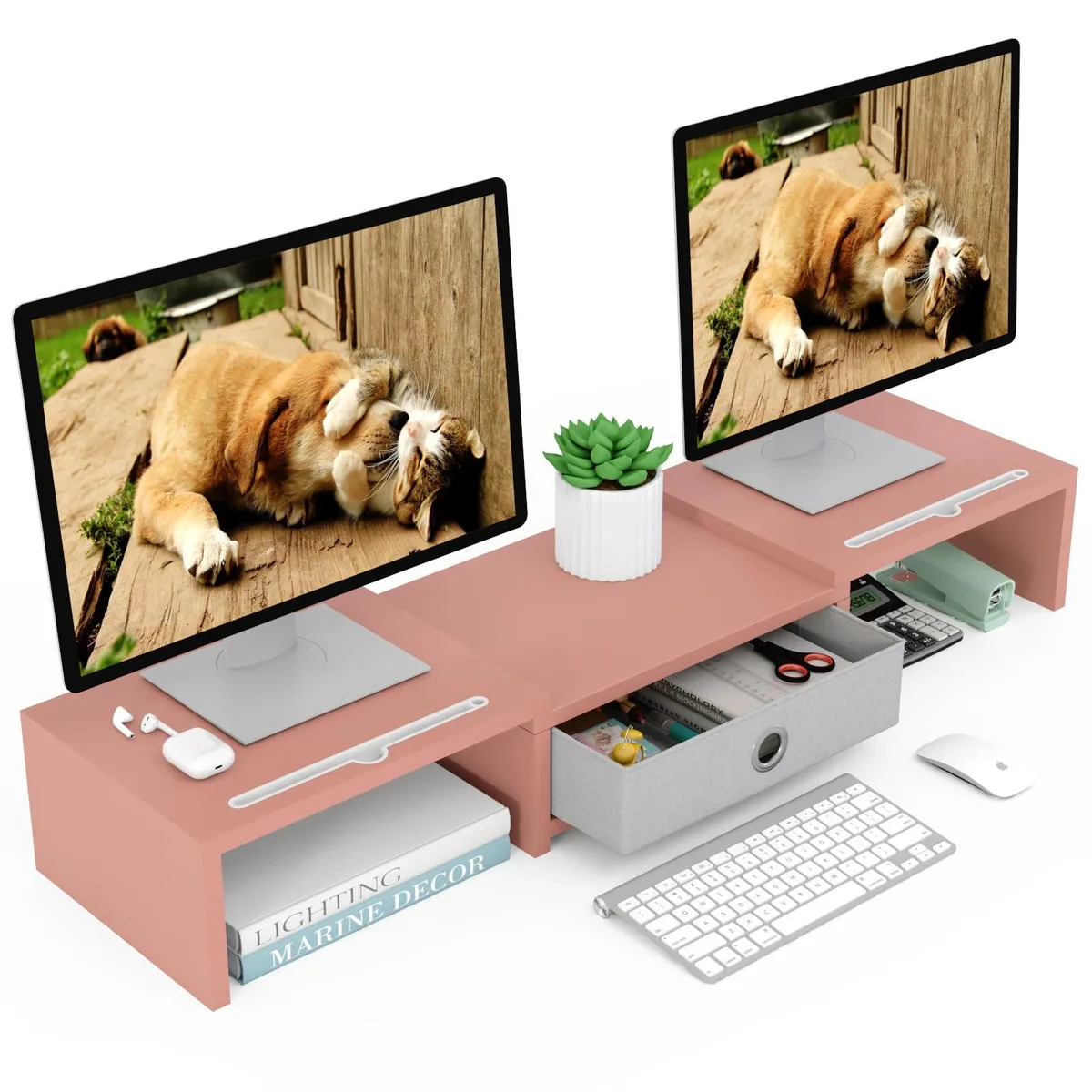 Pink and white stereo shelf system, adjustable rotating display, 41 by 30 by 11 centimetres