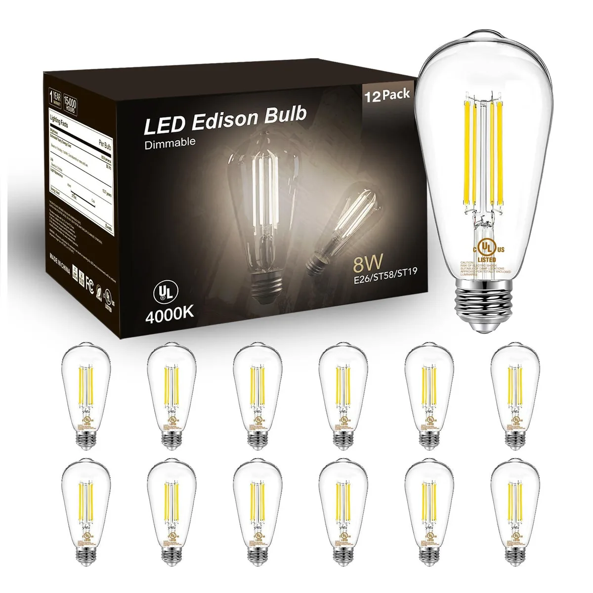  DAYBETTER 12 Pack Vintage LED Edison Bulbs ST58 4000K E26 60W Equivalent Dimmable 800LM — product photo