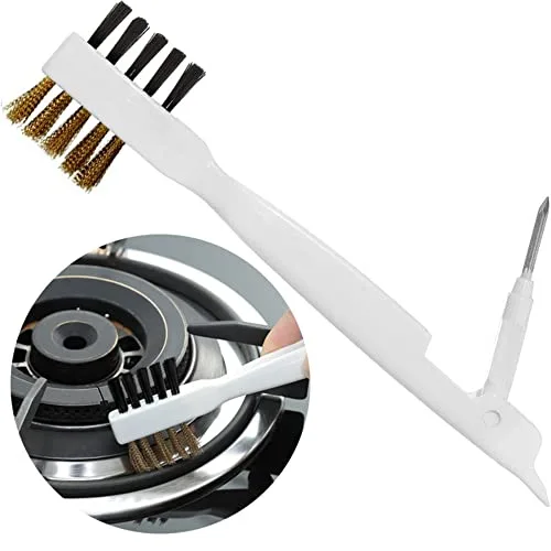 Compact 4-in-1 cleaning tool with brass wire and nylon brushes, foldable steel pick and flat scraper