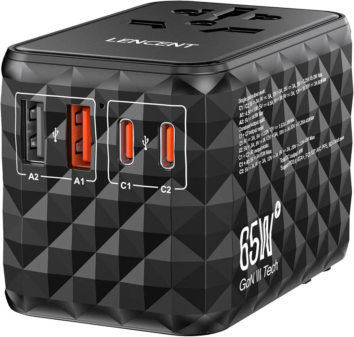 Compact white cube with foldable prongs, two USB-C and two USB-A ports