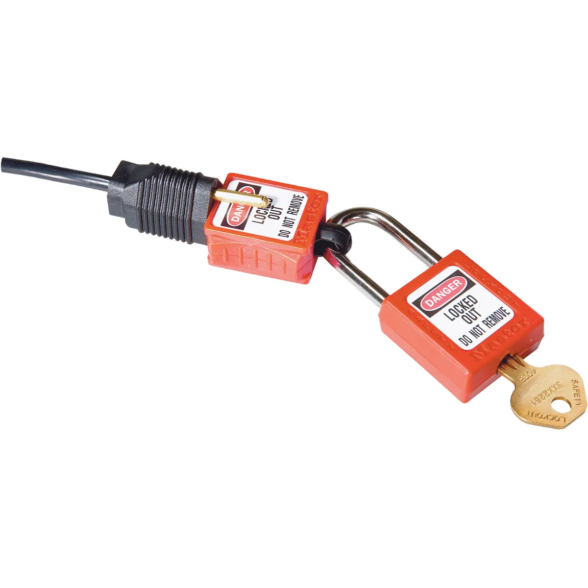 Red plastic plug lockout for 110/220V two-prong plugs, labels included
