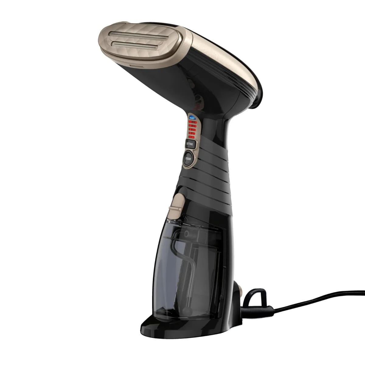White handheld garment steamer with water tank and attachments