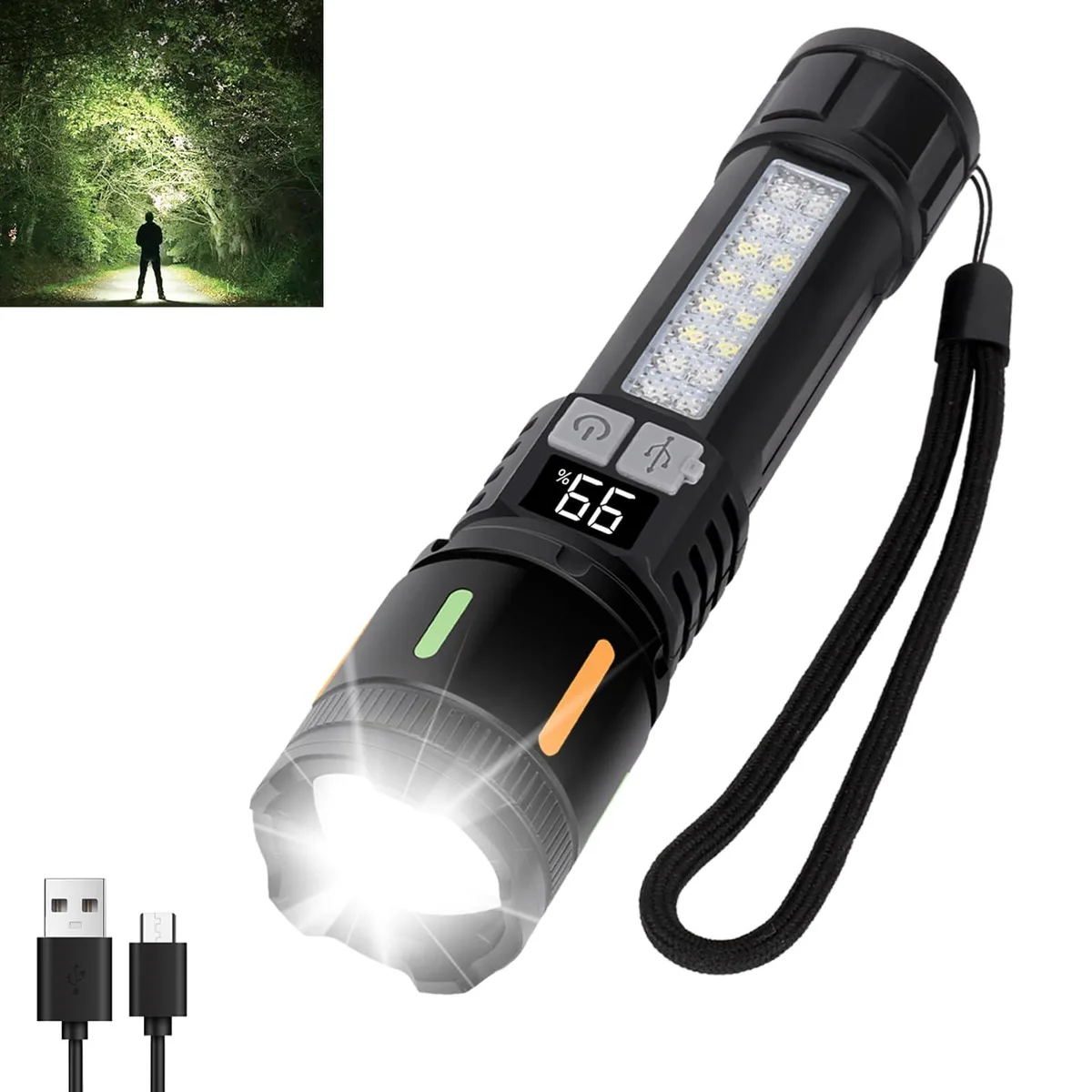 Compact black cylindrical flashlight with USB-C port and textured grip, about six inches long