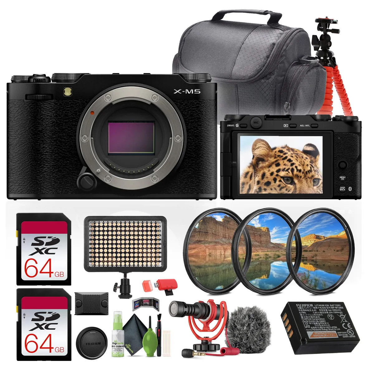 FUJIFILM FUJIFILM X-M5 compact mirrorless camera body + 2x 64GB card + Rode microphone — product photo