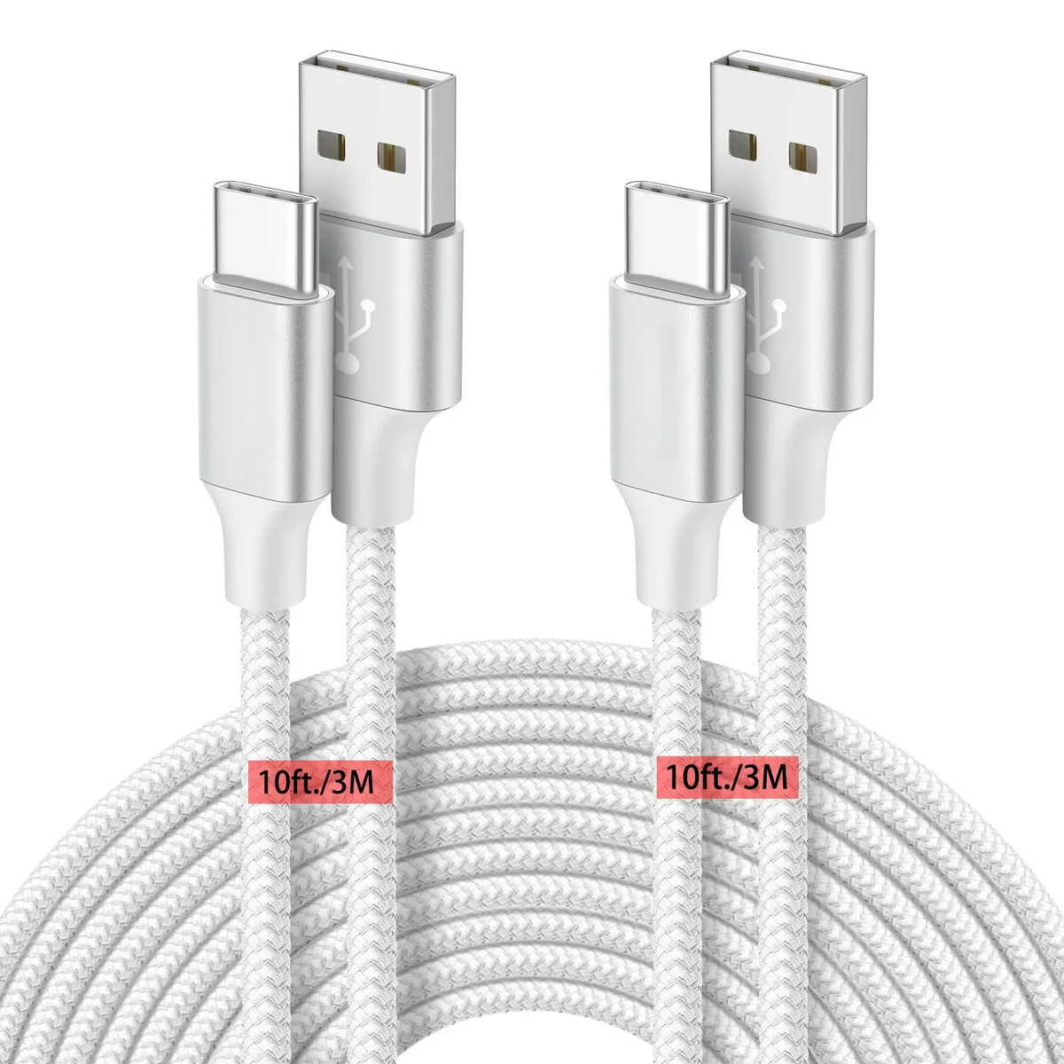 Hitoor Hitoor USB-A to USB-C Cable 10ft 3M 2-Pack Braided 18W 3.1A 480Mbps Silver — product photo