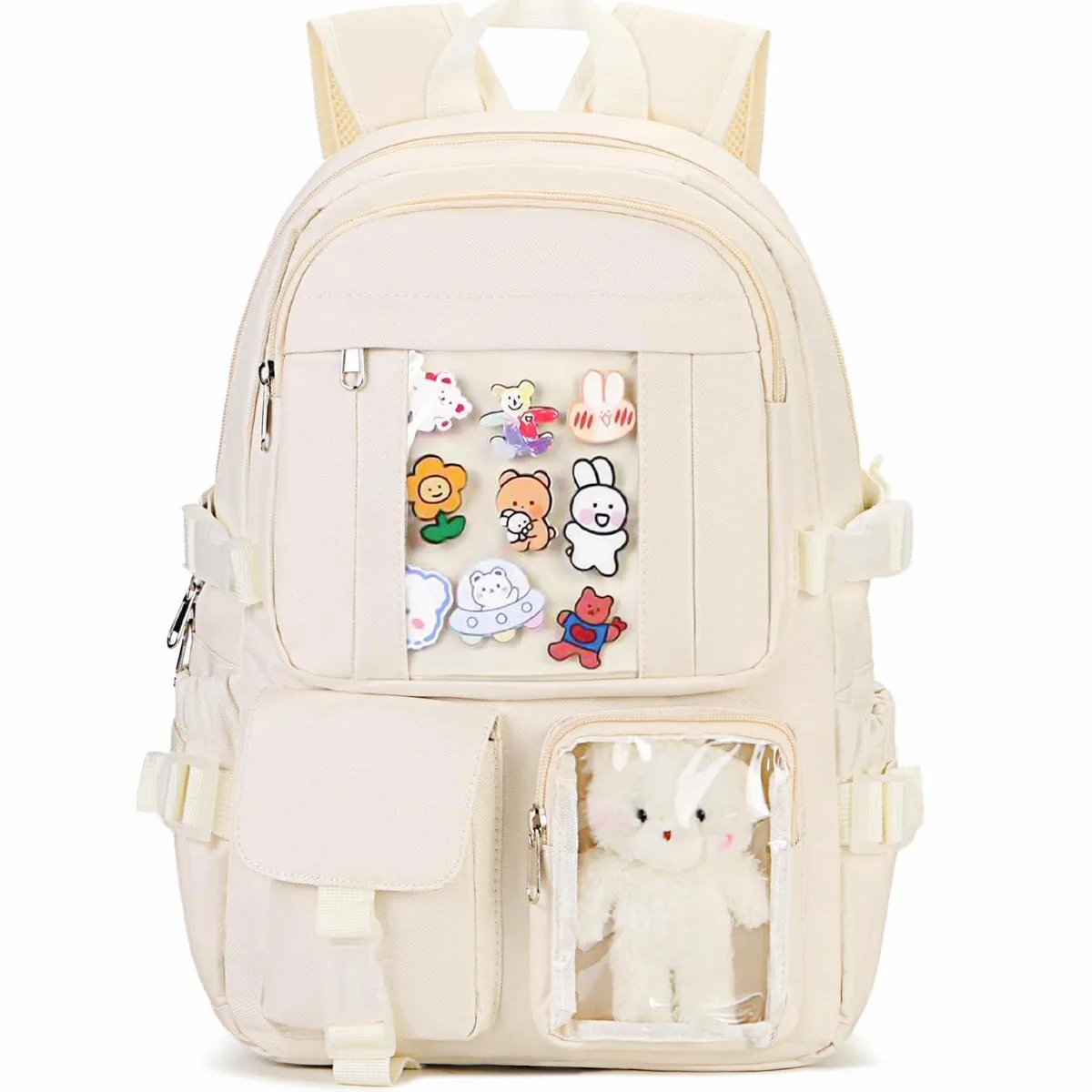 Beige kawaii laptop backpack with cartoon pattern, soft polyester shell, 17.5 inch compartment, 0.35 kg