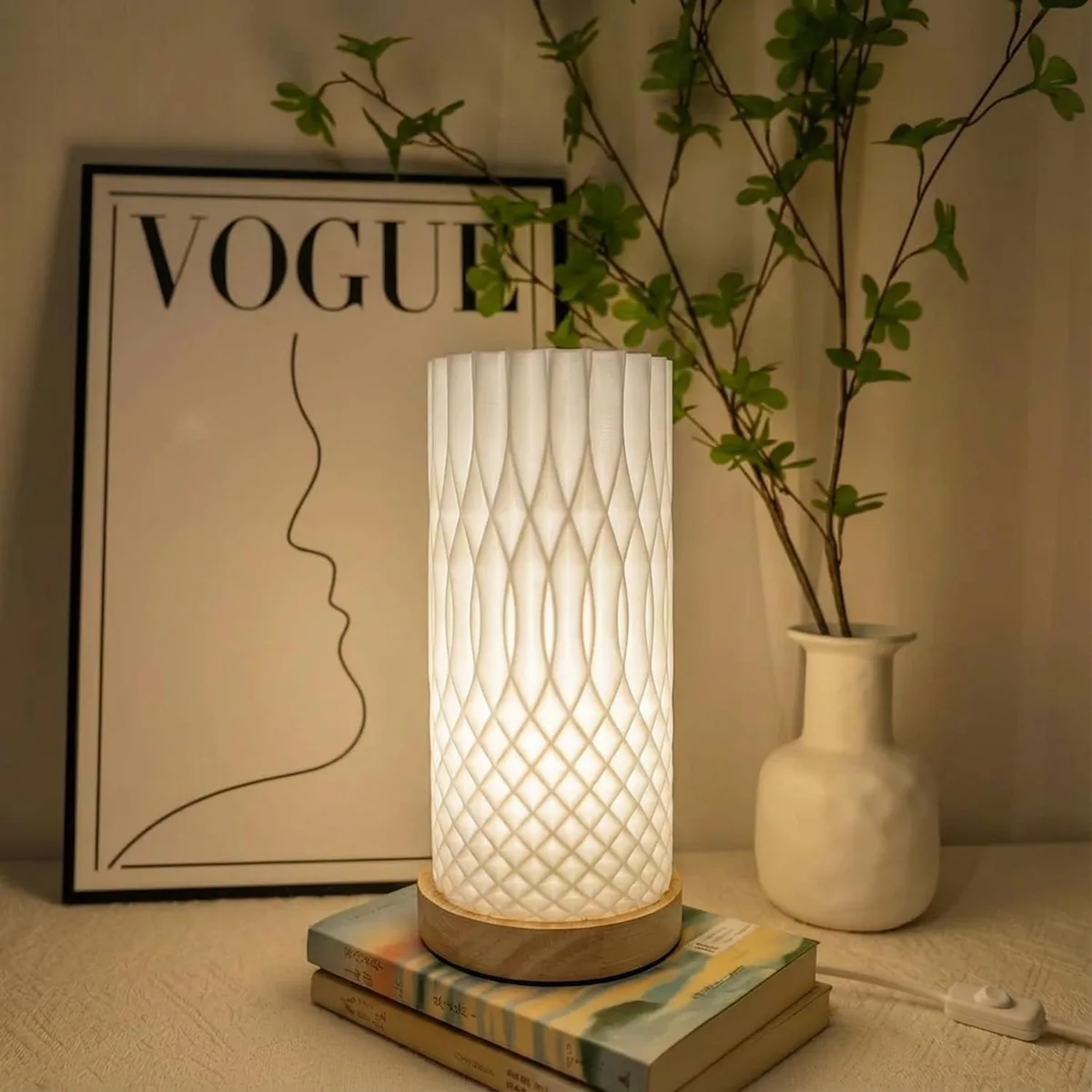Small rectangular table lamp with orange 3D-printed ripple shade and ash wood base, 3.9 by 8.8 inches
